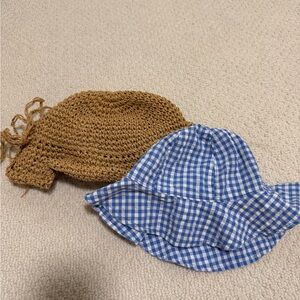Blue Gingham Kids Sun Hat & Woven Floppy Hat